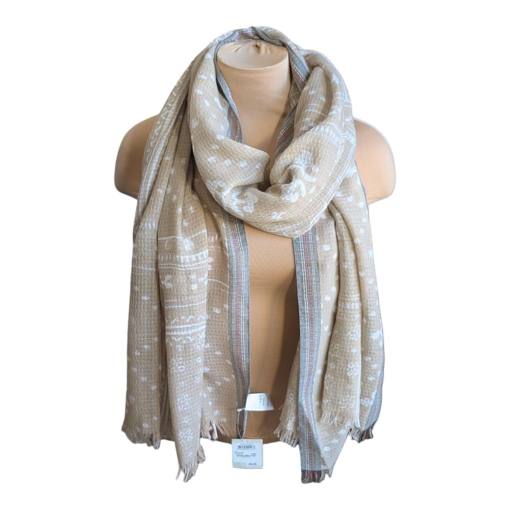 New Hinge Beige Tan Scarf Wrap Shawl White Gray Print Fringe Lightweight Classy